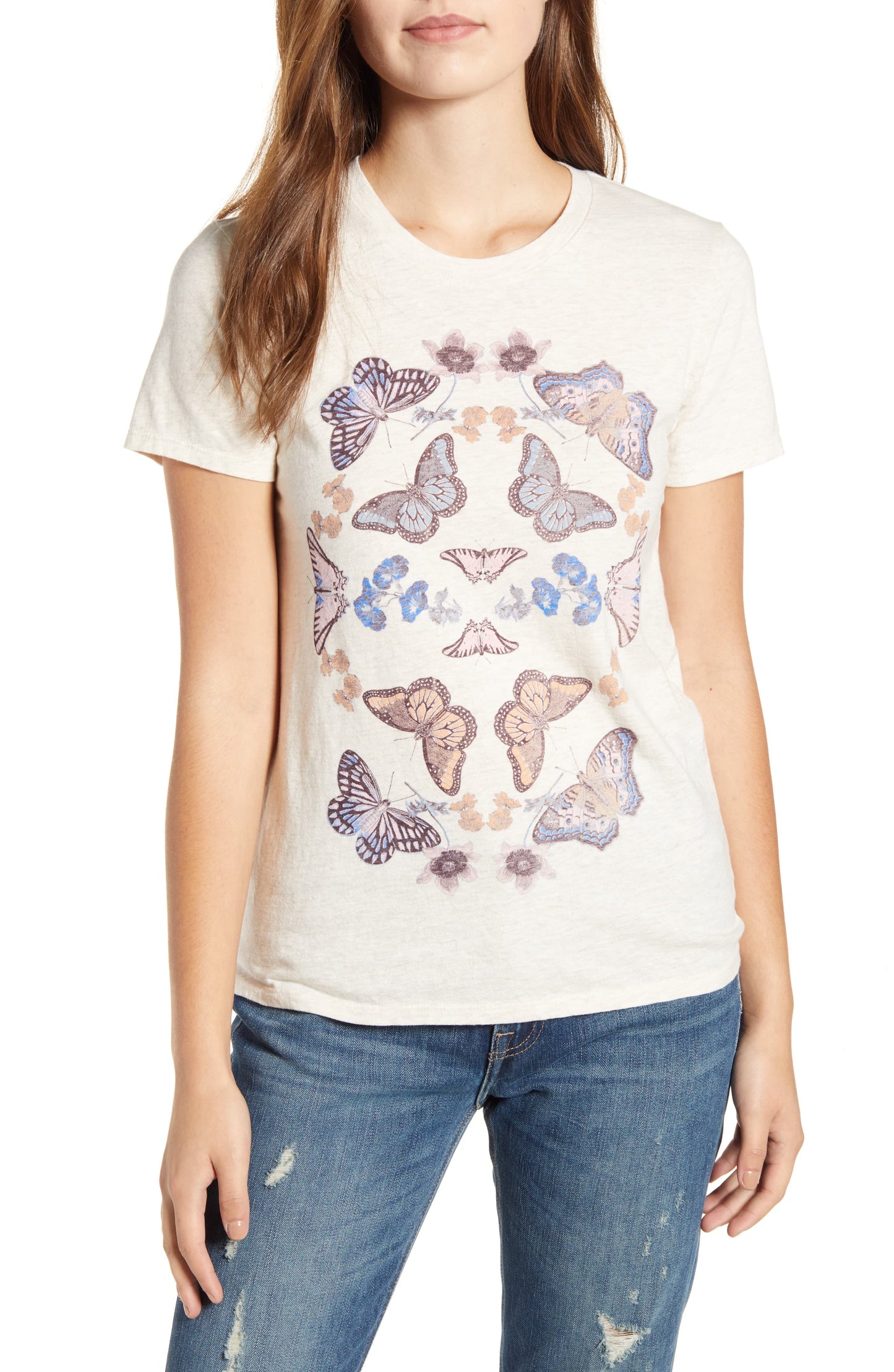 Camiseta feminina com estampa de borboleta Lucky Brand, bege, tamanho grande