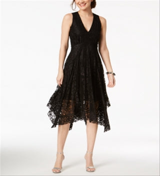 Vestido feminino Taylor estampado com bainha de lenço e renda, preto, tamanho 14