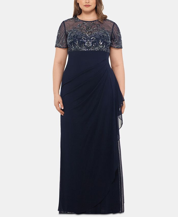 Vestido longo feminino XSCAPE Plus com babados e detalhes, azul, tamanho 18W