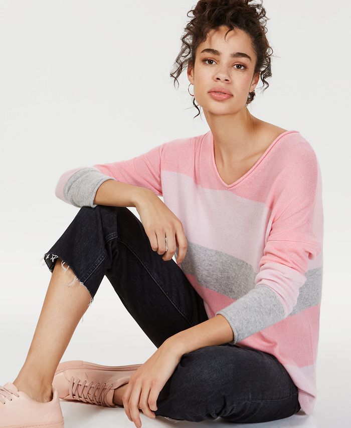 Suéter feminino de cashmere listrado com enrolado Charter Club, rosa, tamanho pequeno