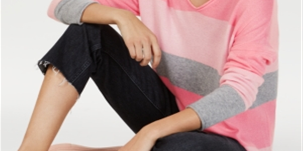 Suéter feminino de cashmere listrado com enrolado Charter Club, rosa, tamanho pequeno