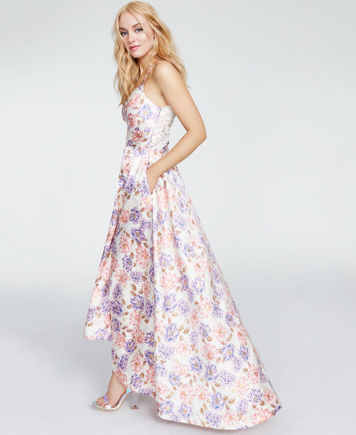 Vestido formal feminino Speechless, cor coral, com bolsos florais, alças finas, decote coração, comprimento total, estilo flare, branco, tamanho 17