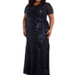 Vestido de noite longo com lantejoulas bordadas e manga curta, decote em joia, preto, tamanho 18W, da R&amp;M Richards