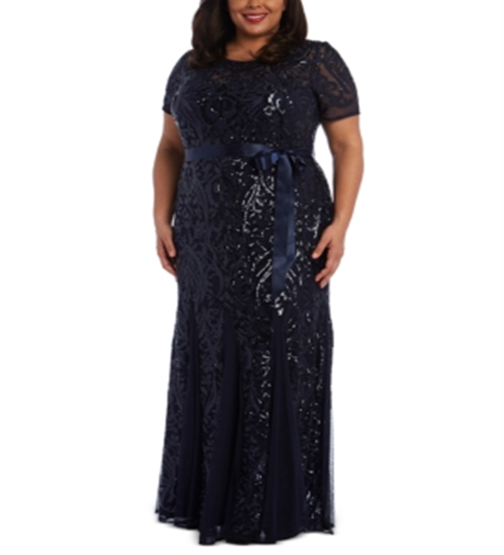 Vestido de noite longo com lantejoulas bordadas e manga curta, decote em joia, preto, tamanho 18W, da R&amp;M Richards