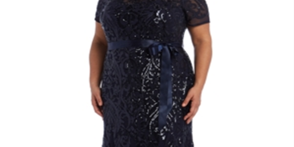 Vestido de noite longo com lantejoulas bordadas e manga curta, decote em joia, preto, tamanho 18W, da R&amp;M Richards