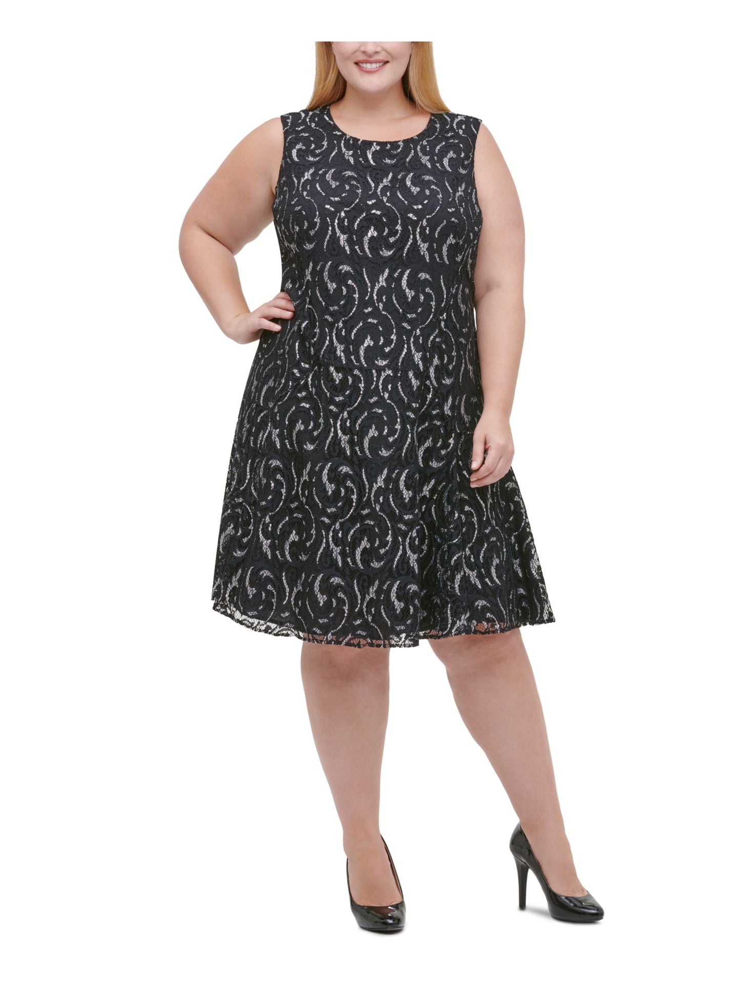 Vestido flare feminino Tommy Hilfiger plus size com renda metálica, preto, tamanho 20W