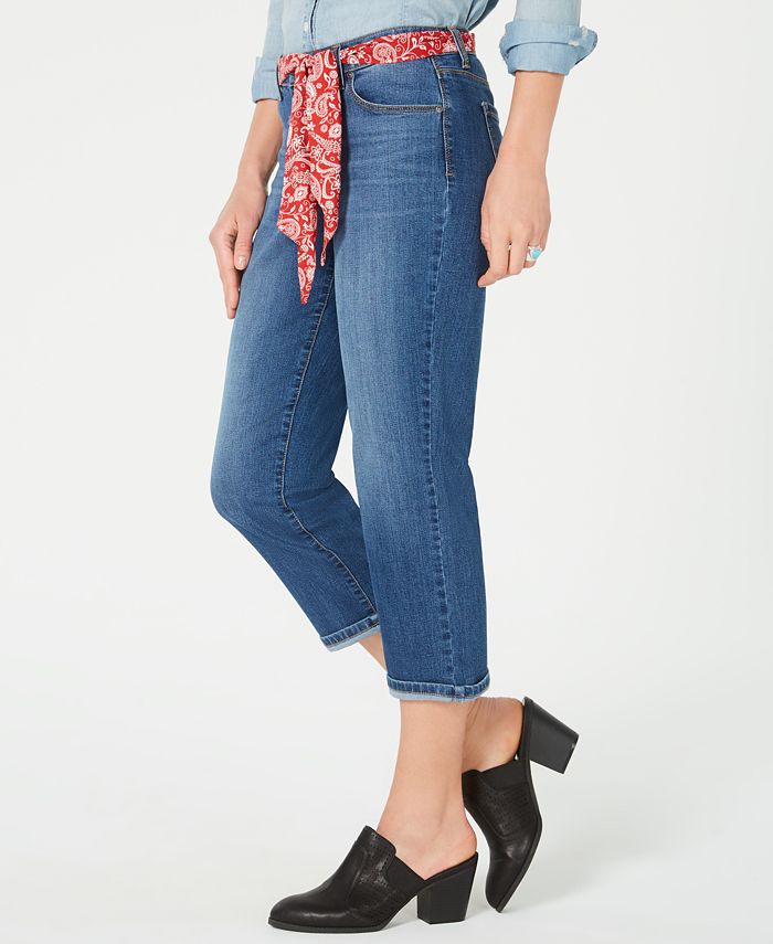 Calça jeans capri feminina com cinto e punho estilo &amp; co, azul, tamanho 6, pequena