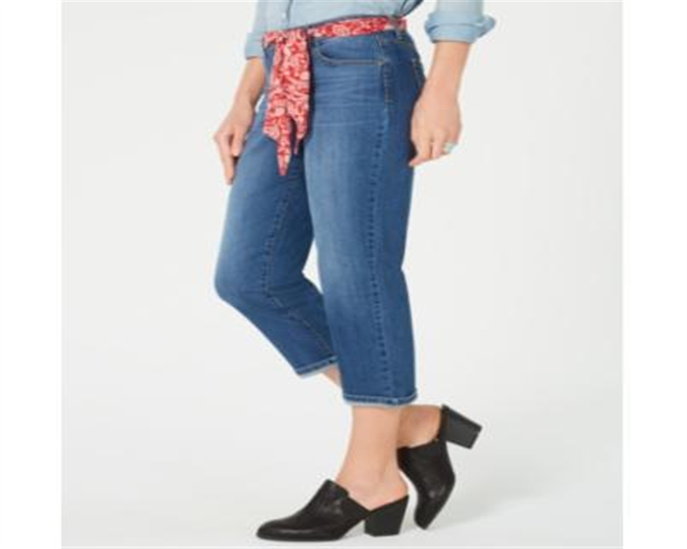 Calça jeans capri feminina com cinto e punho estilo &amp; co, azul, tamanho 6, pequena