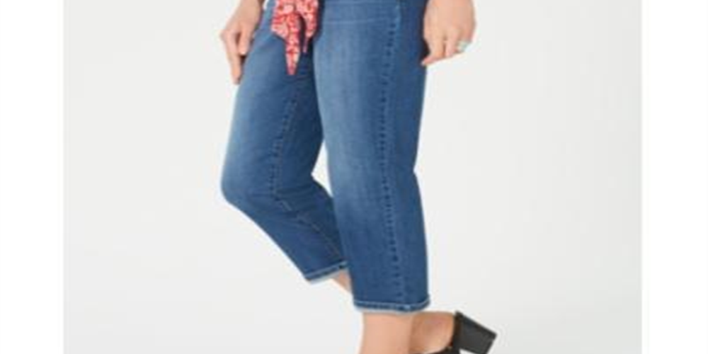 Calça jeans capri feminina com cinto e punho estilo &amp; co, azul, tamanho 6, pequena