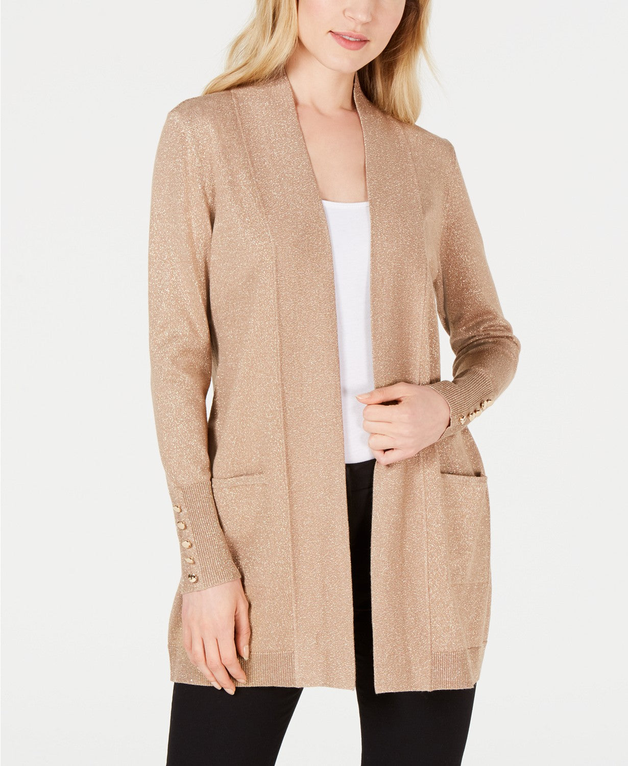 Cardigan feminino JM Collection com mangas curtas e botões, marrom, tamanho pequeno M