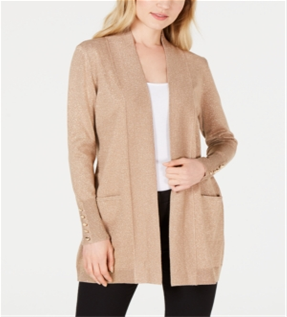 Cardigan feminino JM Collection com mangas curtas e botões, marrom, tamanho pequeno M