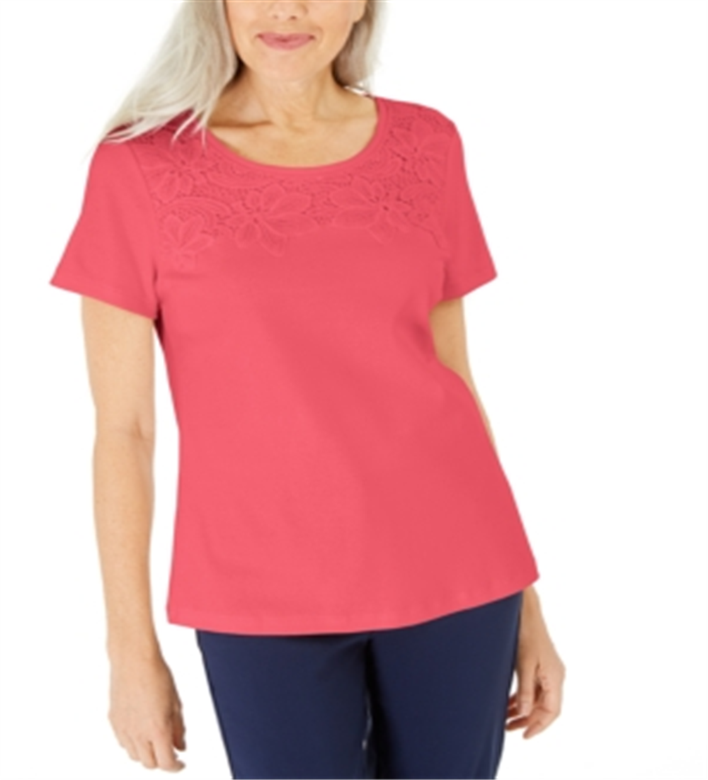 Karen Scott Blusa Feminina de Crochê com Frente em Algodão, Coral, Tamanho Médio