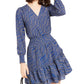 Vestido Feminino Michael Kors Faux Wrap Manga Longa Babados Smocked Azul Tamanho Grande