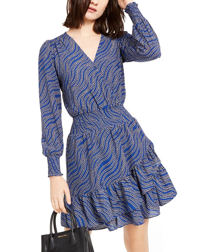 Vestido Feminino Michael Kors Faux Wrap Manga Longa Babados Smocked Azul Tamanho Grande