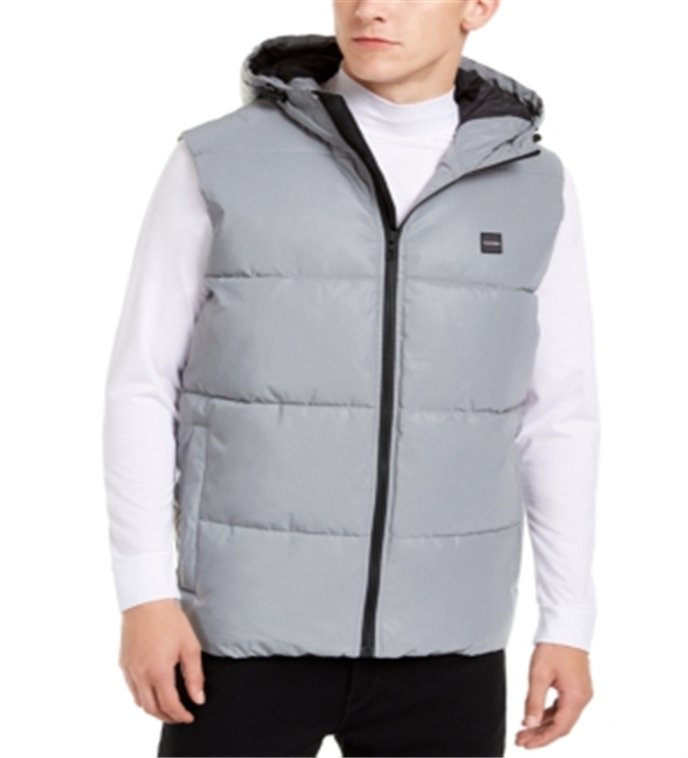 Colete acolchoado com capuz refletivo Calvin Klein masculino, cinza, tamanho médio