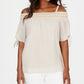 JM Collection Blusa feminina de gaze com ombros de fora e franzido, marrom, tamanho P