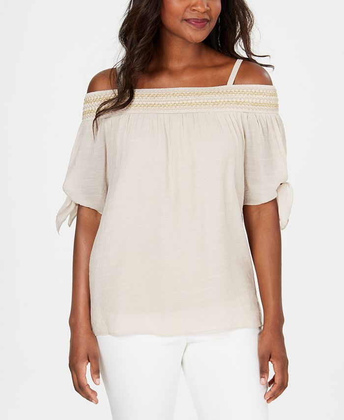 JM Collection Blusa feminina de gaze com ombros de fora e franzido, marrom, tamanho P