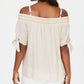 JM Collection Blusa feminina de gaze com ombros de fora e franzido, marrom, tamanho P