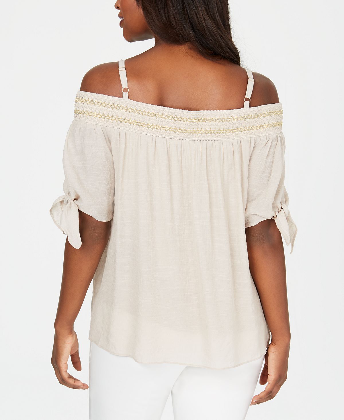 JM Collection Blusa feminina de gaze com ombros de fora e franzido, marrom, tamanho P