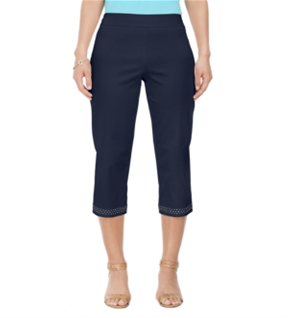 Calça capri feminina com bainha reta e detalhes embelezados, azul, tamanho P