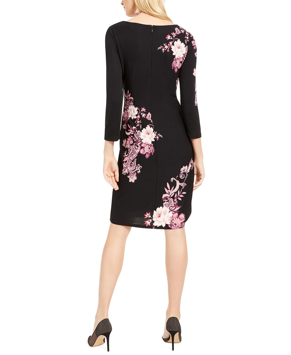 INC Iternational Concepts Vestido Feminino Floral Manga Longa Decote Canoa Comprimento Joelho Bodycon Preto Tamanho P