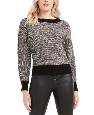 Suéter feminino Bar III com gola redonda e manga comprida mesclada, preto, tamanho médio