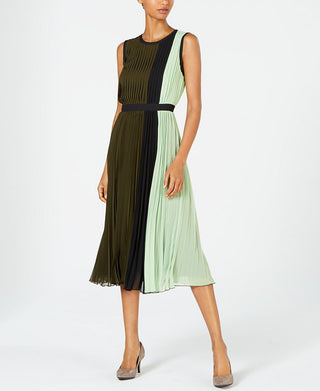 Vestido midi plissado com blocos de cores Alfani feminino, verde, tamanho 6, pequeno