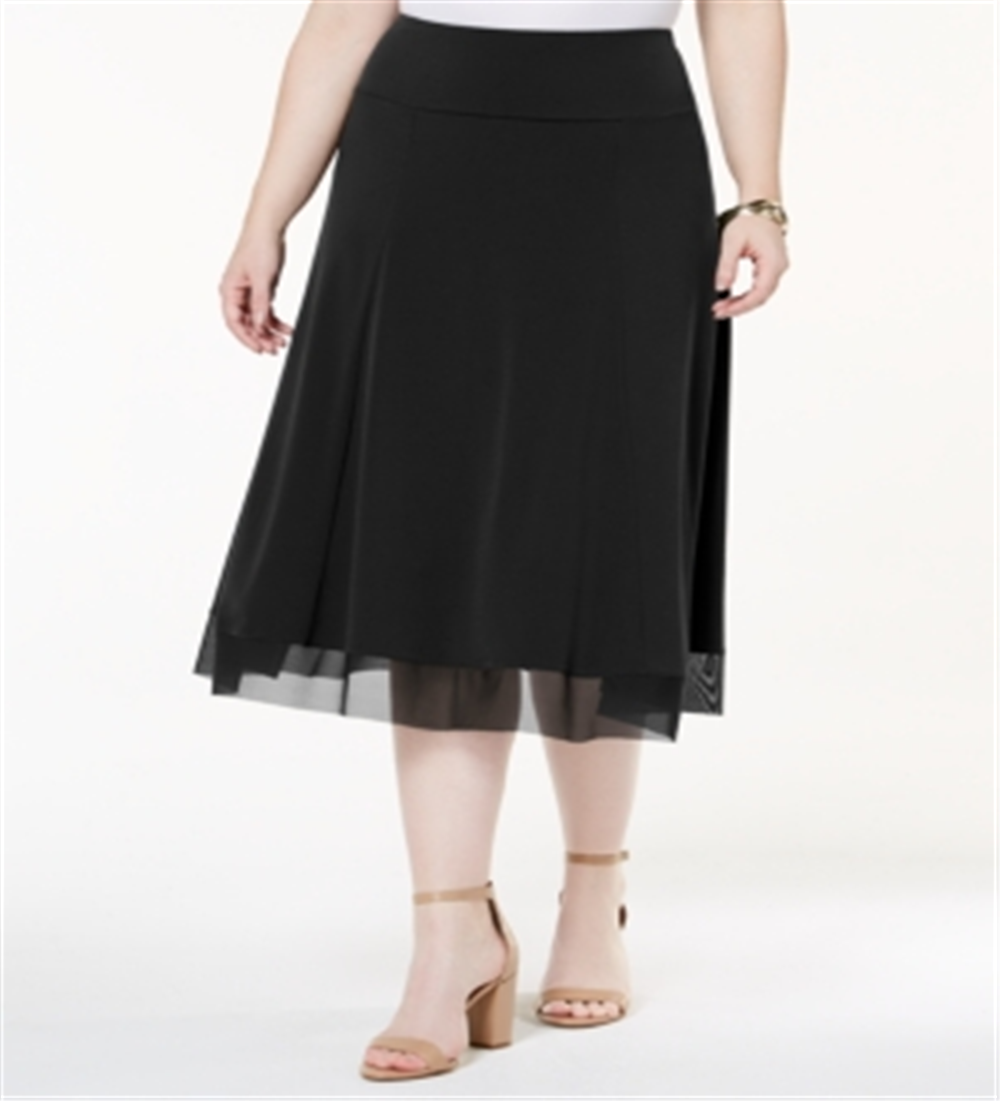Saia midi feminina com bainha de malha plus size JM Collection, preta, tamanho 3X