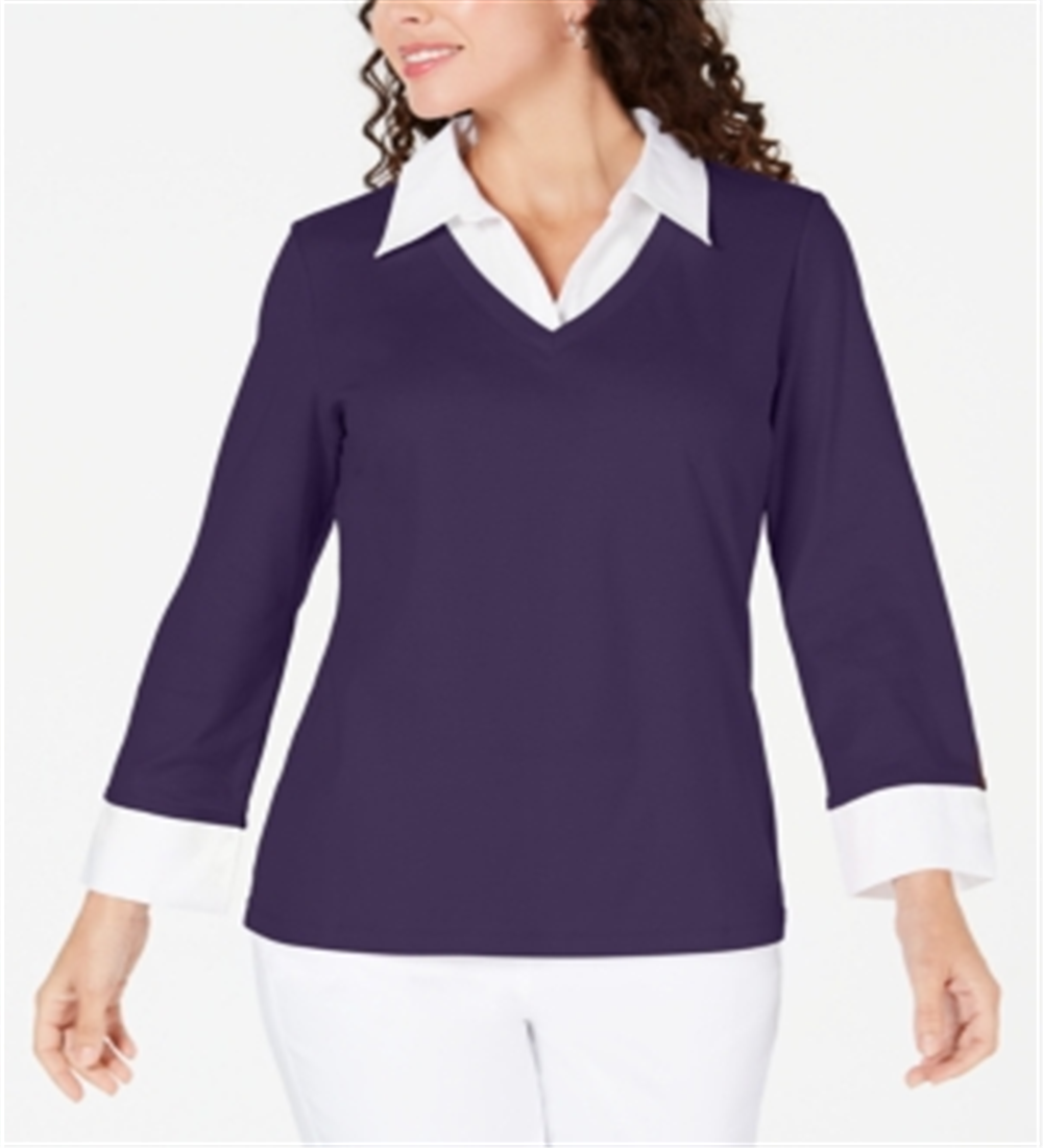 Blusa feminina Karen Scott de algodão com camadas, roxa, tamanho XXG