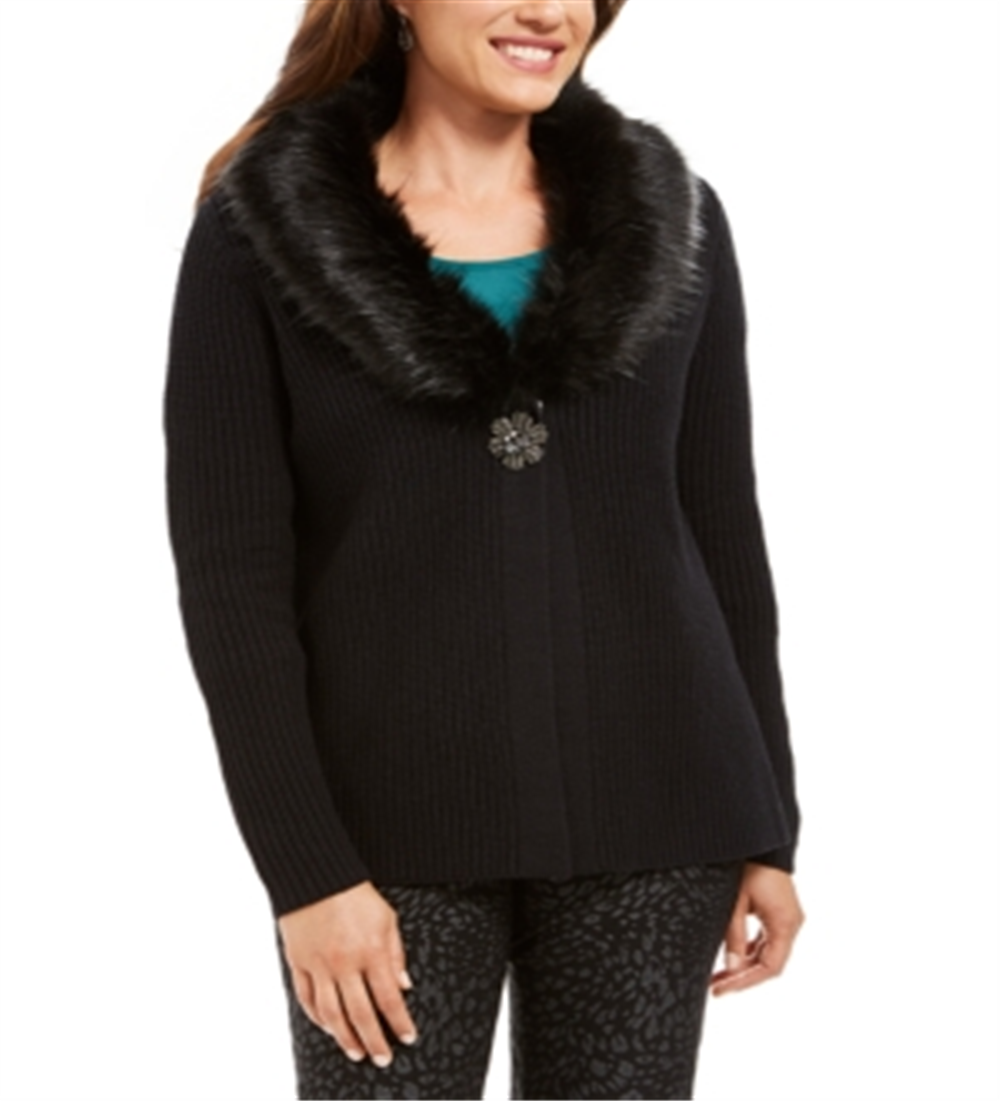 Cardigan feminino JM Collection com gola de pele sintética e broche para festa de fim de ano, preto, tamanho médio