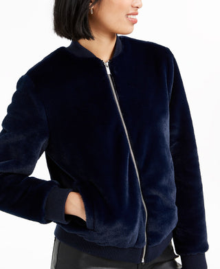 Jaqueta bomber feminina Bar III de pele sintética, azul, tamanho XXS