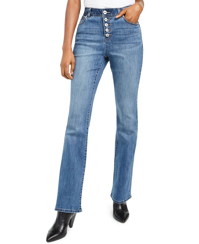 Calça jeans feminina INC International Concepts, cintura alta, ajuste curvilíneo, com botões, azul, tamanho 2
