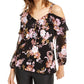 Blusa feminina com estampa floral e babados, ombro vazado, preta, tamanho X-S