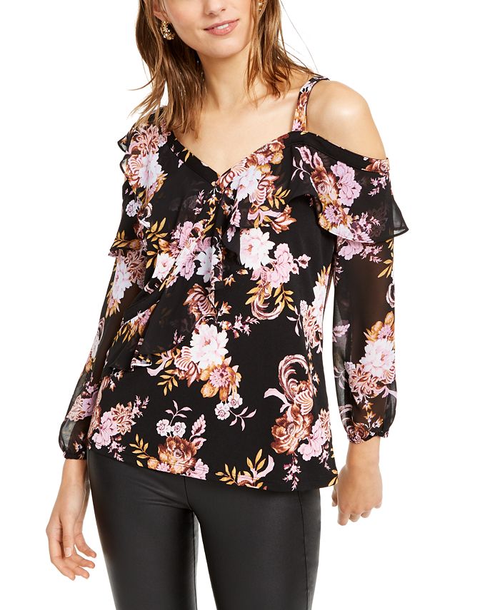 Blusa feminina com estampa floral e babados, ombro vazado, preta, tamanho X-S