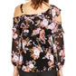 Blusa feminina com estampa floral e babados, ombro vazado, preta, tamanho X-S