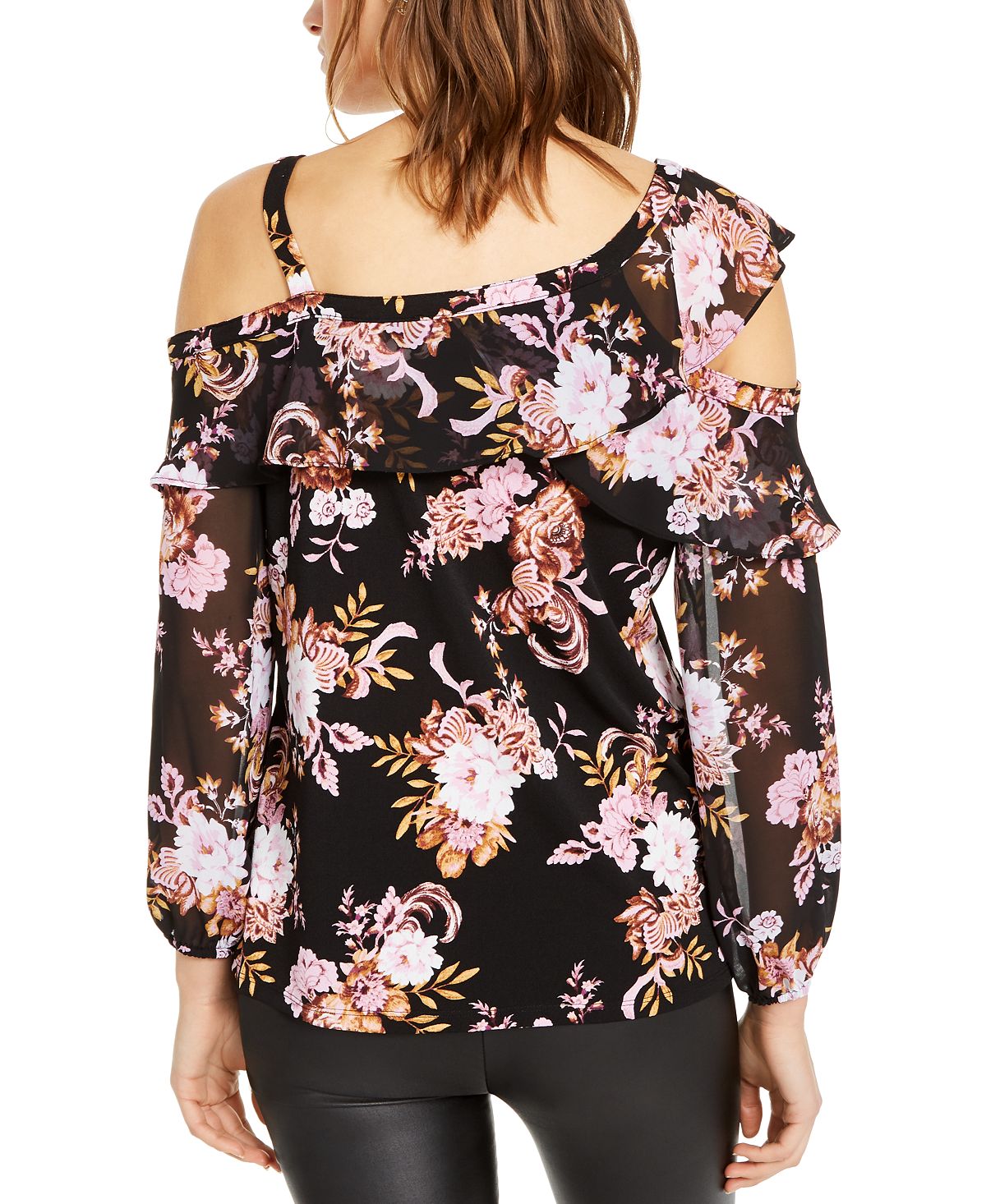 Blusa feminina com estampa floral e babados, ombro vazado, preta, tamanho X-S