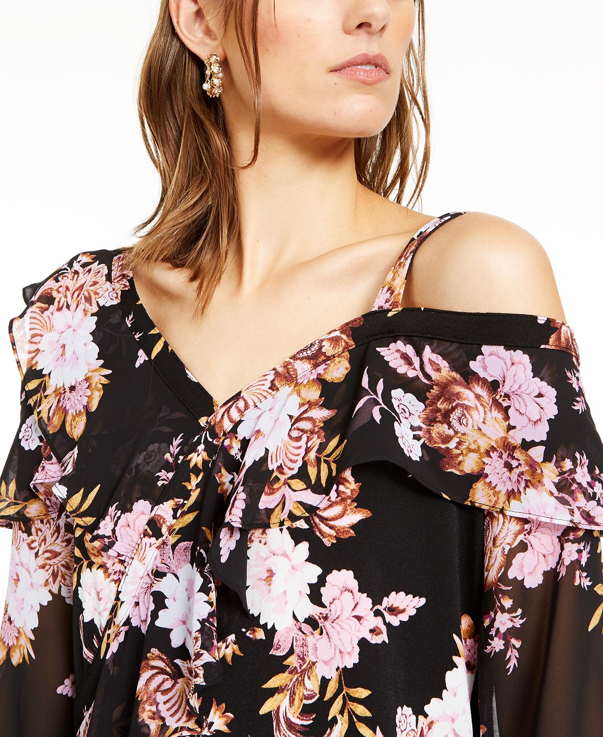 Blusa feminina com estampa floral e babados, ombro vazado, preta, tamanho X-S