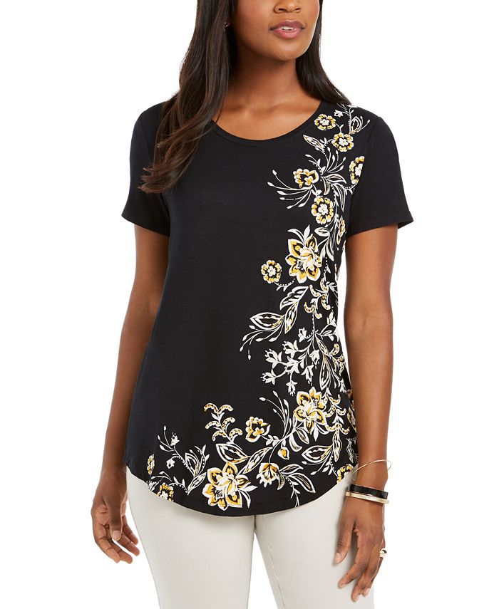 Blusa feminina com decote redondo e estampa floral JM Collection, preta, tamanho M