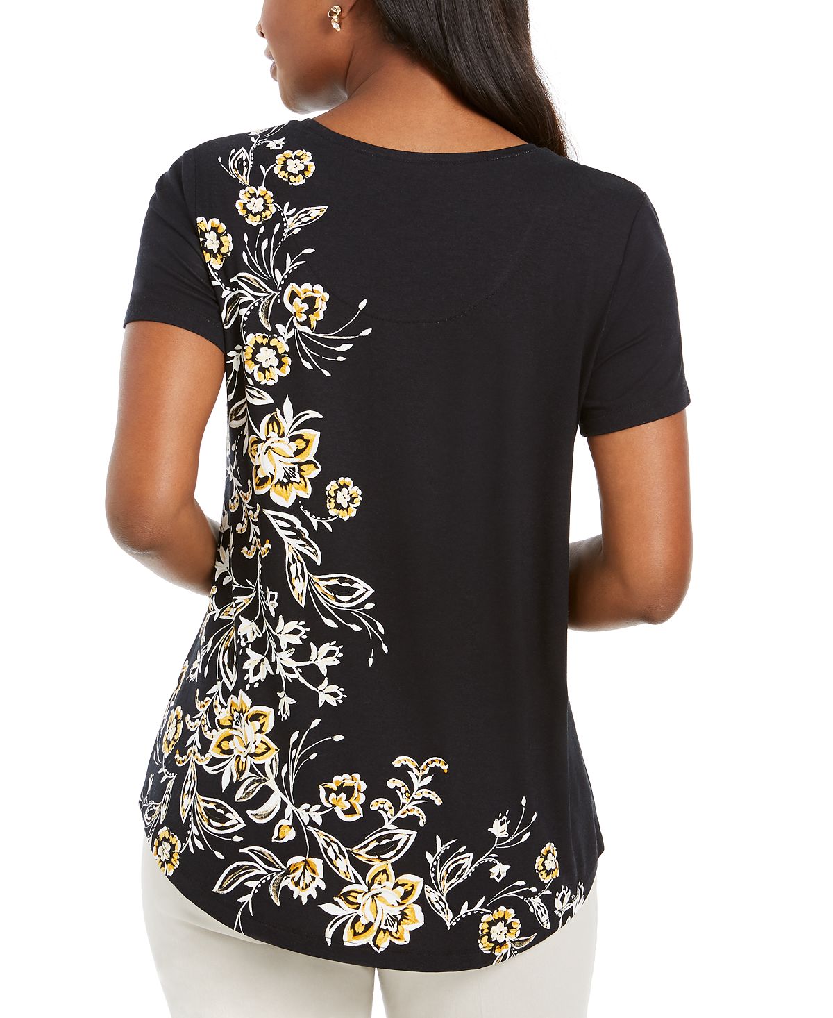 Blusa feminina com decote redondo e estampa floral JM Collection, preta, tamanho M
