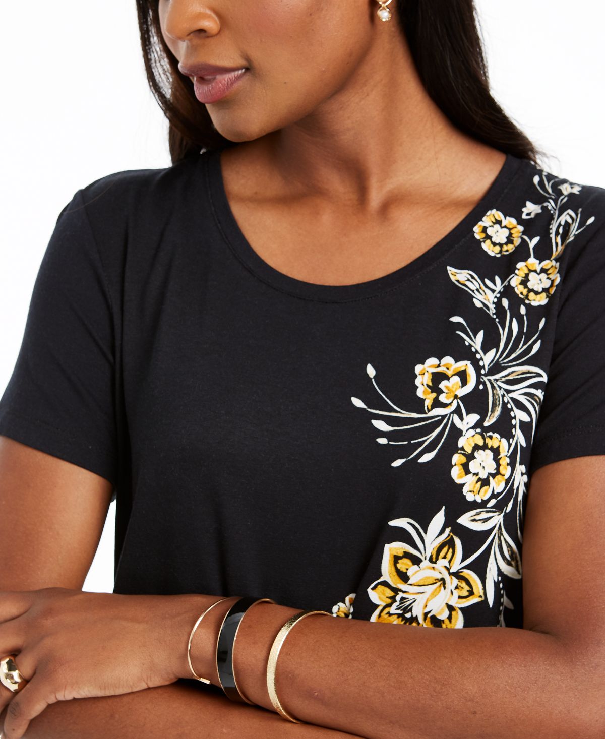 Blusa feminina com decote redondo e estampa floral JM Collection, preta, tamanho M