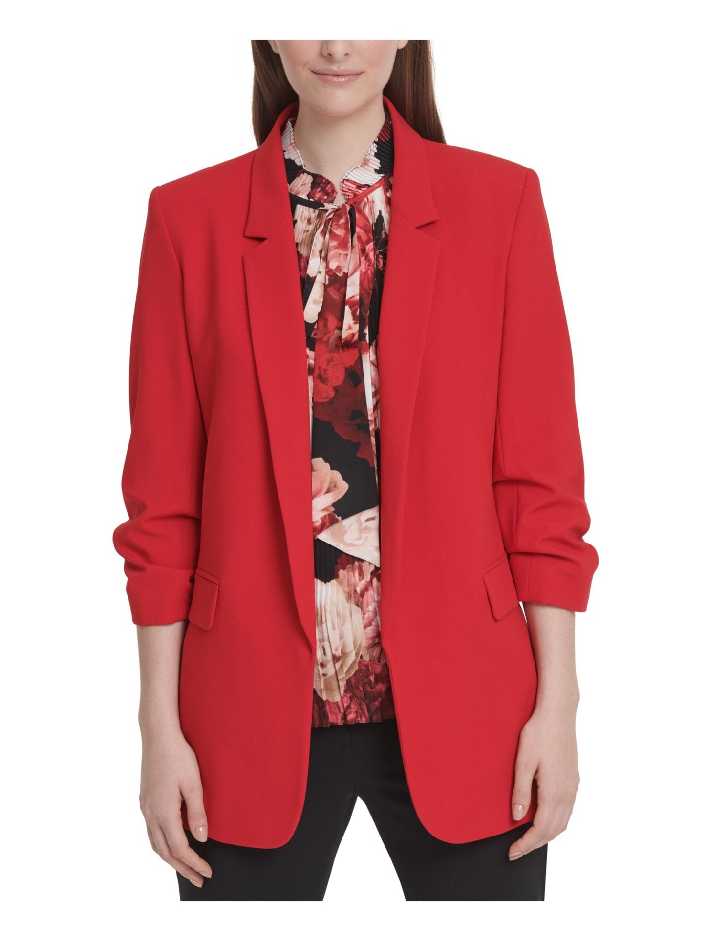 Blazer feminino DKNY com punho franzido e frente aberta, vermelho, tamanho 2, pequeno