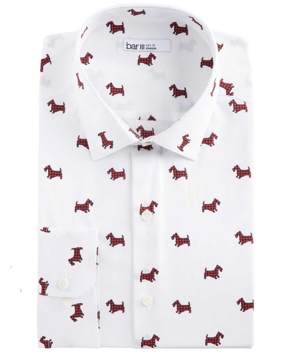 Camisa social masculina Bar III Slim Fit com estampa Scottie elástica, branca, tamanho 14,5 x 32-33