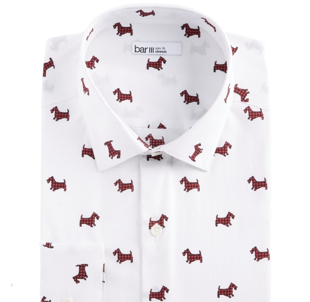 Camisa social masculina Bar III Slim Fit com estampa Scottie elástica, branca, tamanho 14,5 x 32-33