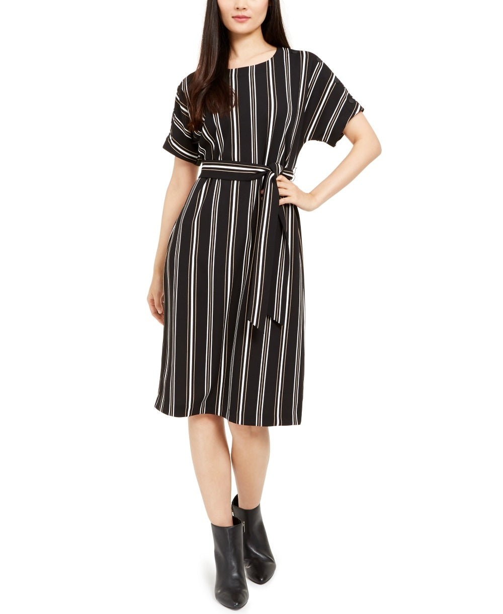 Vestido feminino Alfani listrado com amarração na cintura, preto, tamanho pequeno grande