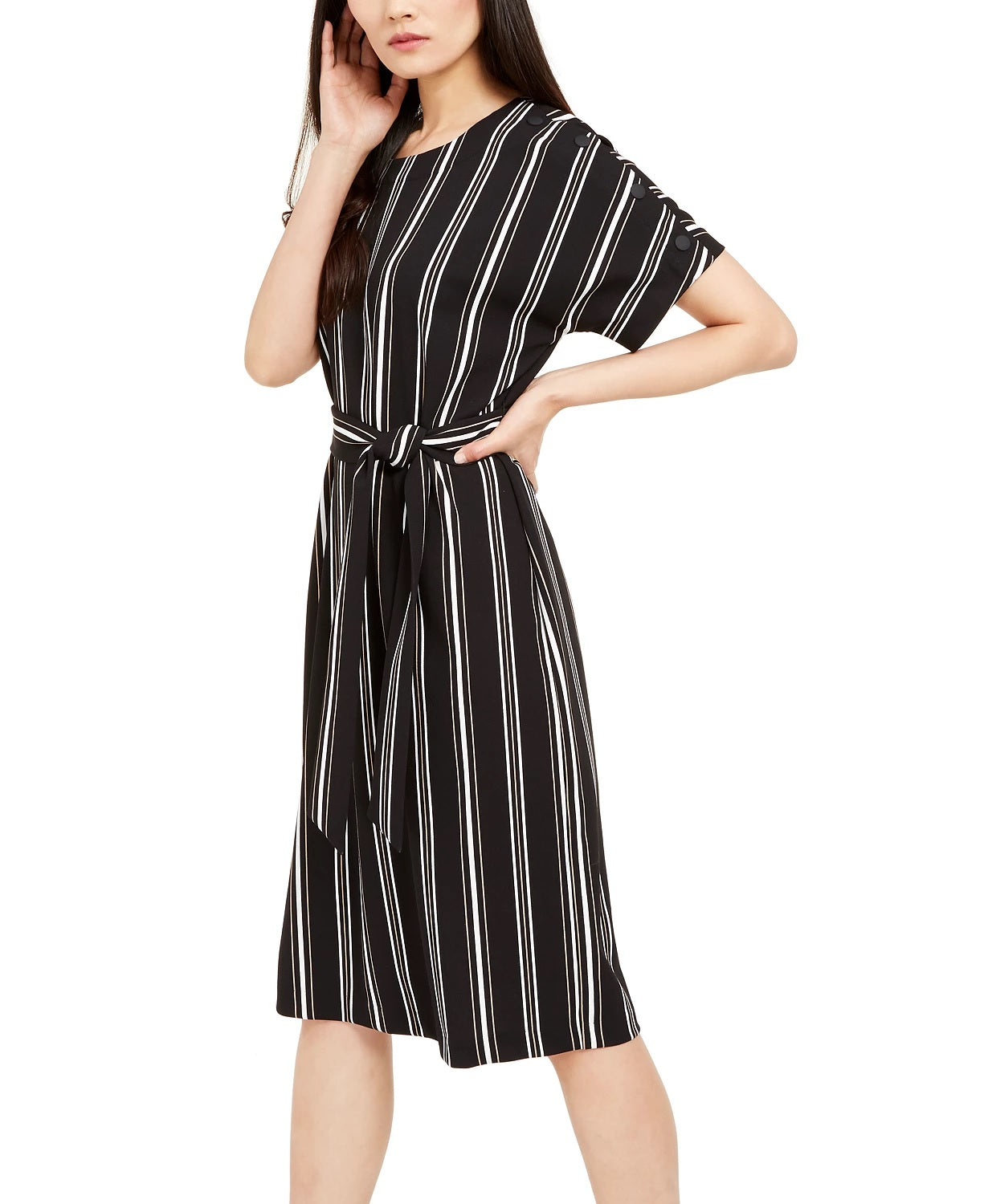 Vestido feminino Alfani listrado com amarração na cintura, preto, tamanho pequeno grande