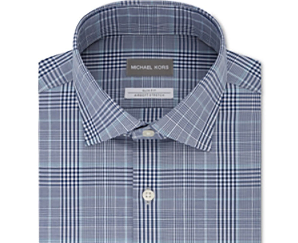 Camisa xadrez slim fit masculina Michael Kors com botões - Azul, tamanho 16x34-35