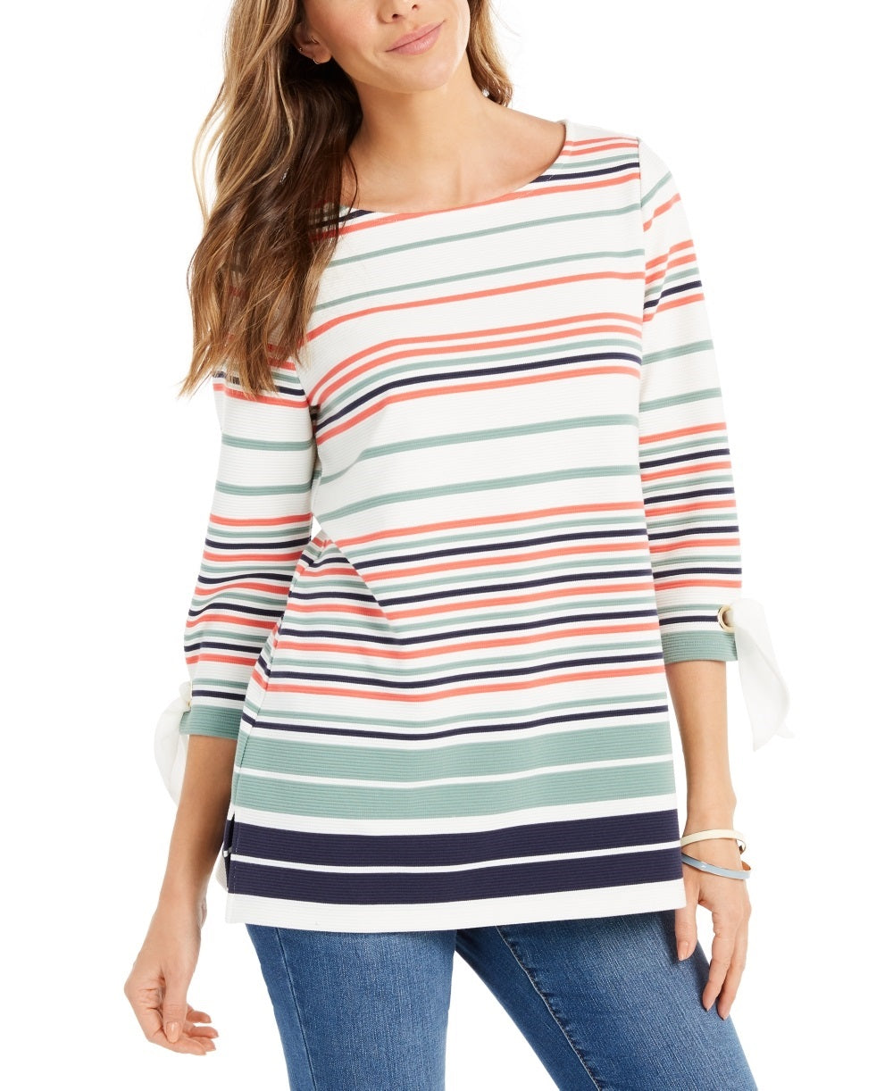 Blusa feminina listrada com manga amarrada, tamanho grande, verde, Charter Club