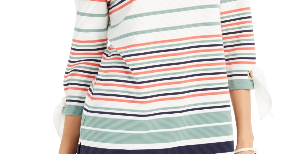 Blusa feminina listrada com manga amarrada, tamanho grande, verde, Charter Club