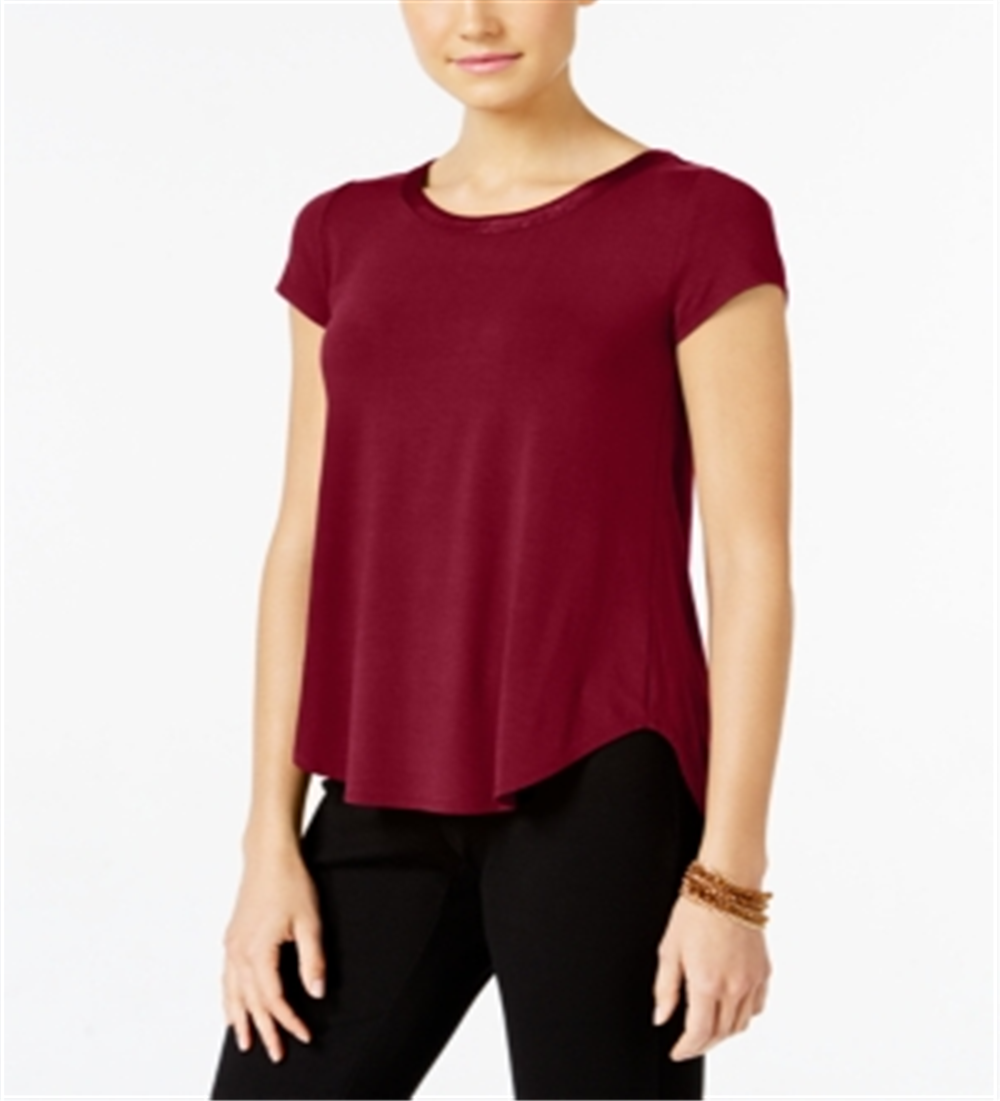 Camiseta feminina Alfani com acabamento em cetim, comprimento alto e baixo, marrom, tamanho pequeno GG