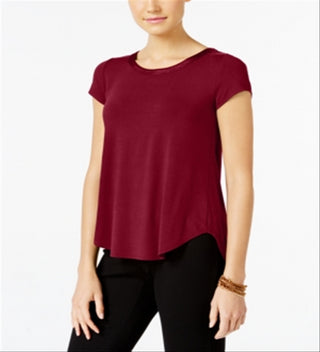 Camiseta feminina Alfani com acabamento em cetim, comprimento alto e baixo, marrom, tamanho pequeno GG